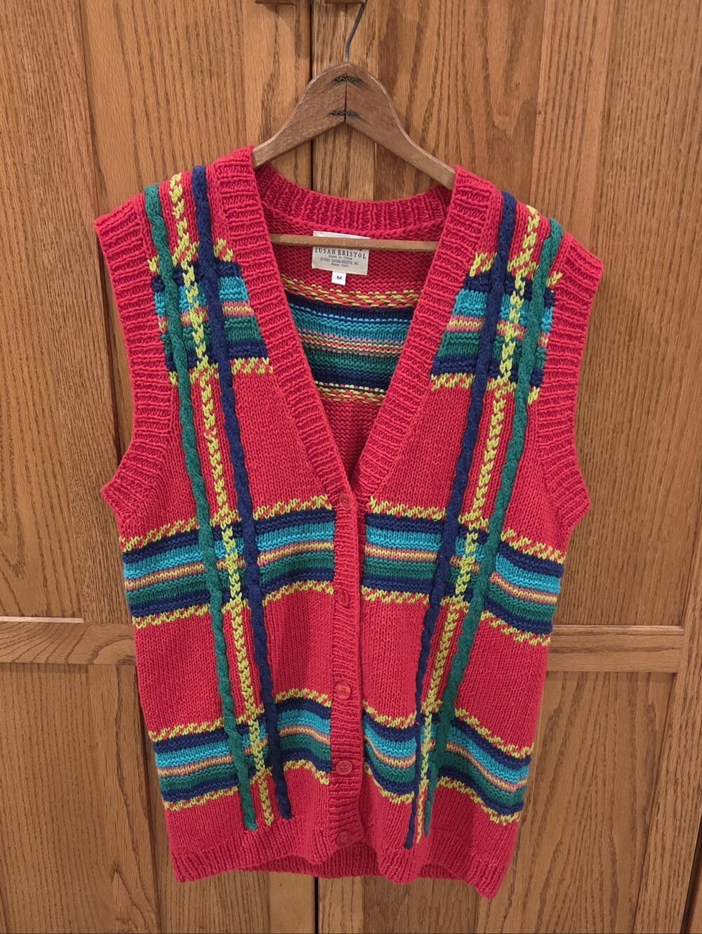 Vintage 1993 Susan Bristol Hand Knit Sweater Vest Medium Colorful Ramie Cotton
